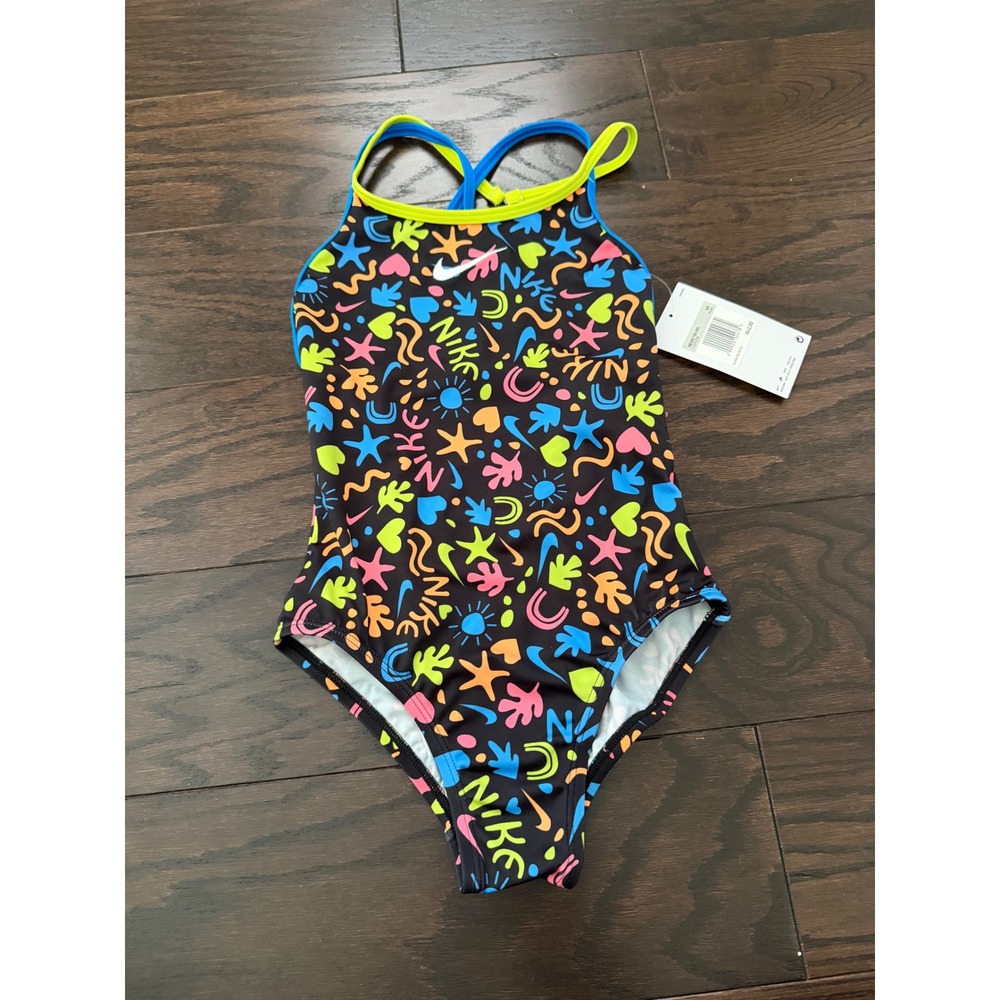 Nike Girls One Piece Swimsuit Neon Doodle Print Crossback Black NESSC715-001 XS